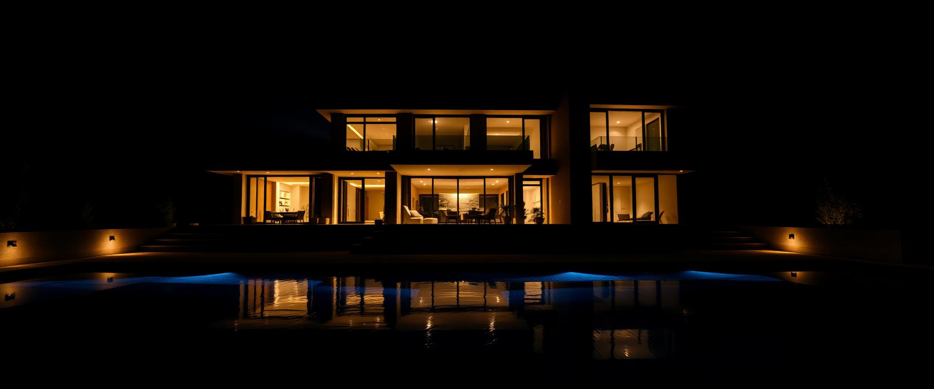 Illuminated modern two-storey house reflected in a swimming pool at night